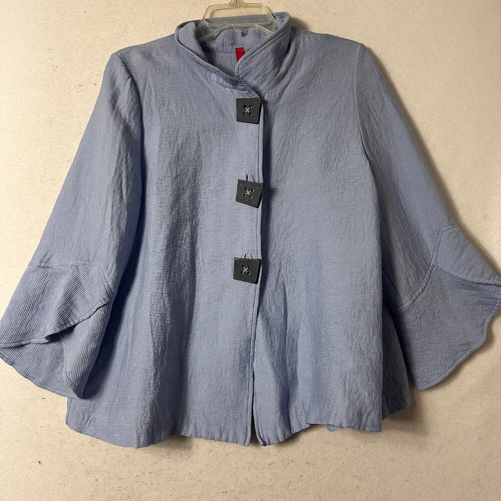 IC by Connie K shirt top‎ sz XL blue big buttons flare sleeves artsy art to wear